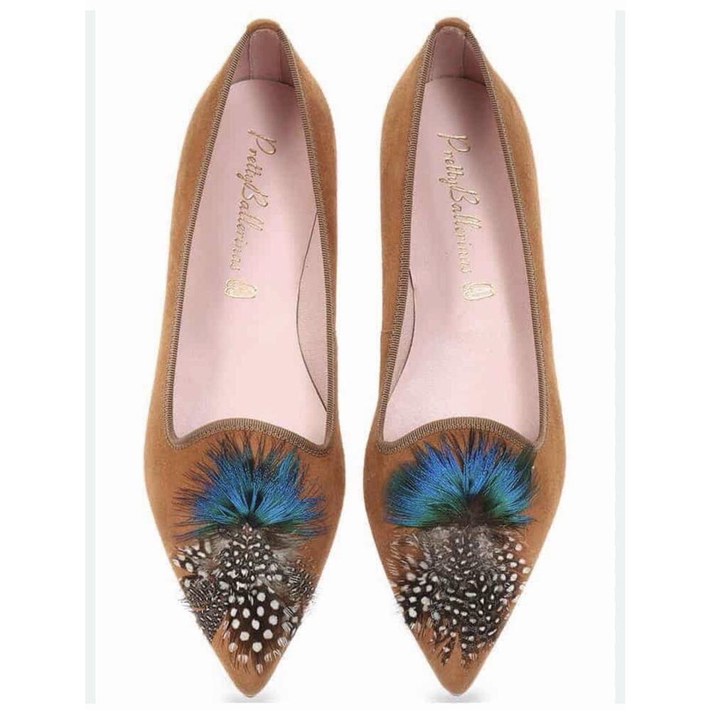 NEW Pretty Ballerinas Flats Pointed Toe Feathers •39/8 8.5• Camel Suede Tan $315